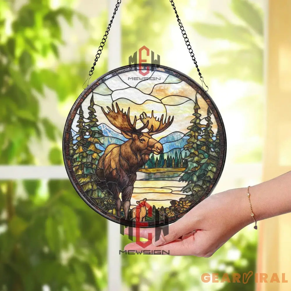 Moose Stained Glass Suncatcher Wildlife Forest Window Hanging Art Round Nature Scene Panel with Lake and Pines Rustic