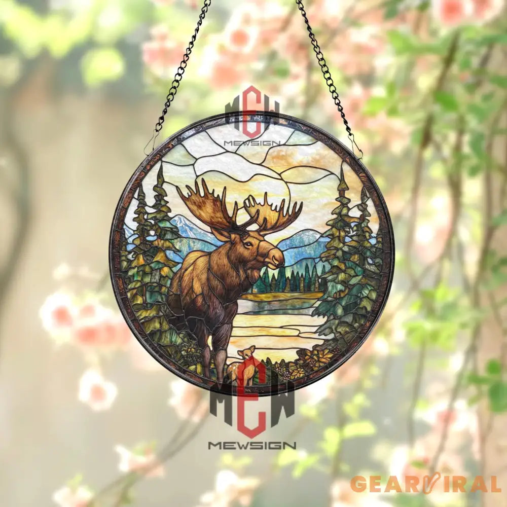 Moose Stained Glass Suncatcher Wildlife Forest Window Hanging Art Round Nature Scene Panel with Lake and Pines Rustic