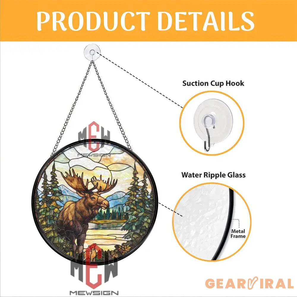 Moose Stained Glass Suncatcher Wildlife Forest Window Hanging Art Round Nature Scene Panel with Lake and Pines Rustic