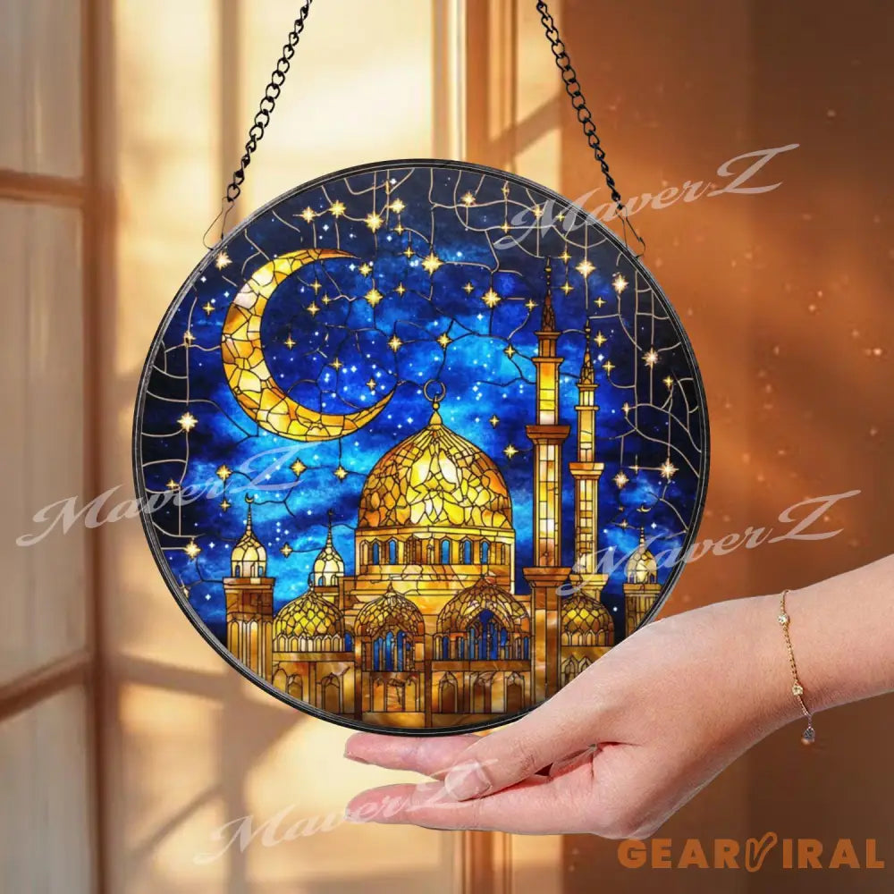 Mosque Stained Glass Suncatcher Crescent Moon Islamic Decor Ramadan Eid Window Hanging Muslim Gift Mosque Glass Panel