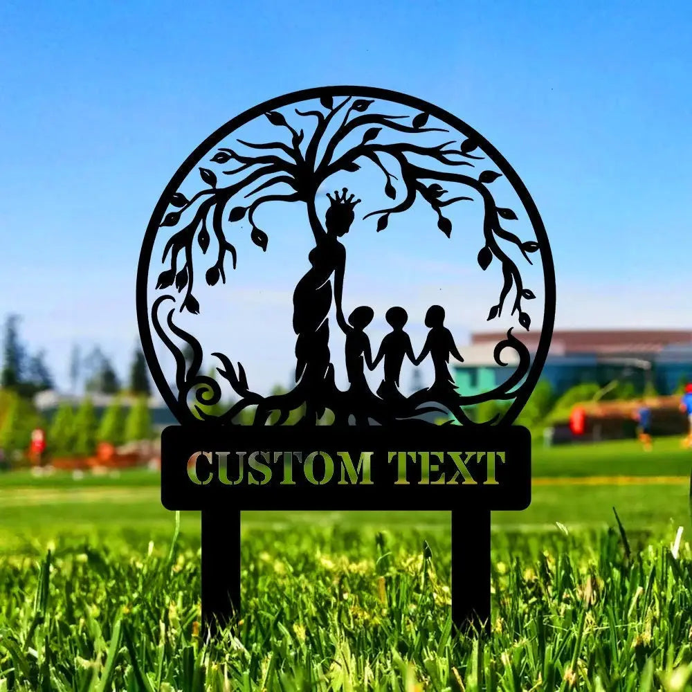 Mother And Children Tree Of Life Metal Stake - Personalized Custom Shaped Metal Sign - Personalize Garden Metal Sign