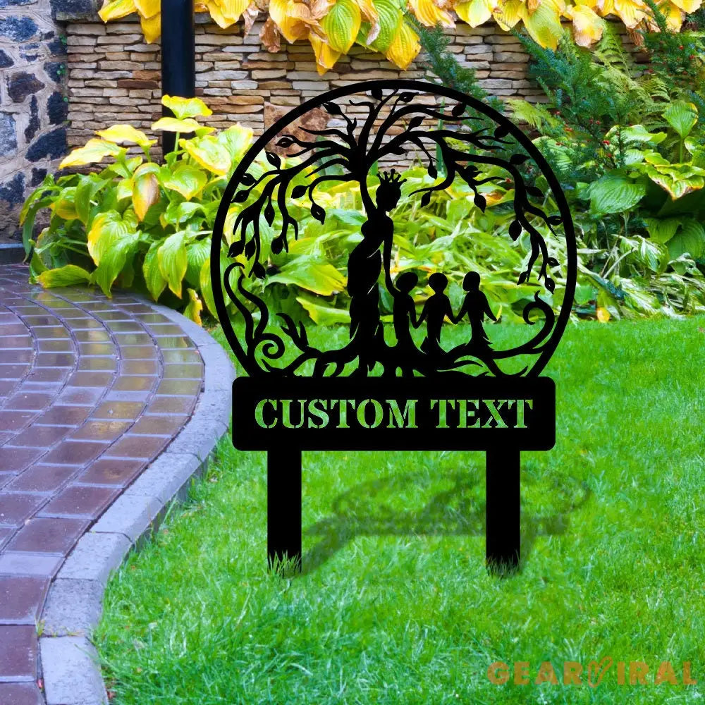 Mother And Children Tree Of Life Metal Stake - Personalized Custom Shaped Metal Sign - Personalize Garden Metal Sign
