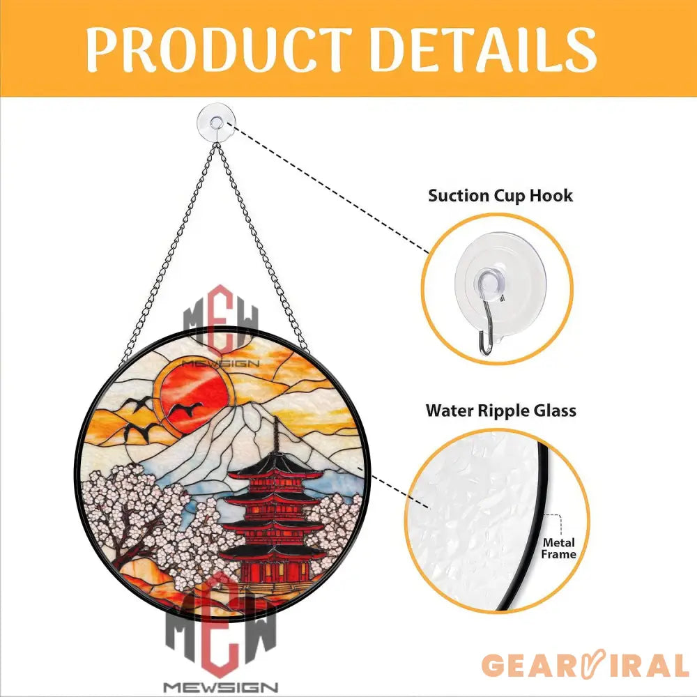 Mount Fuji Japanese Temple Suncatcher Cherry Blossom Stained Glass Art Oriental Window Hanging Decor Asian Landscape