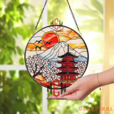 Mount Fuji Japanese Temple Suncatcher Cherry Blossom Stained Glass Art Oriental Window Hanging Decor Asian Landscape