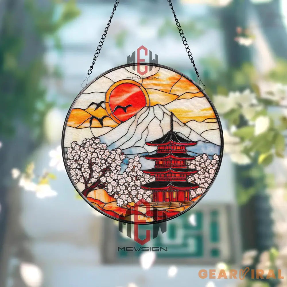 Mount Fuji Japanese Temple Suncatcher Cherry Blossom Stained Glass Art Oriental Window Hanging Decor Asian Landscape