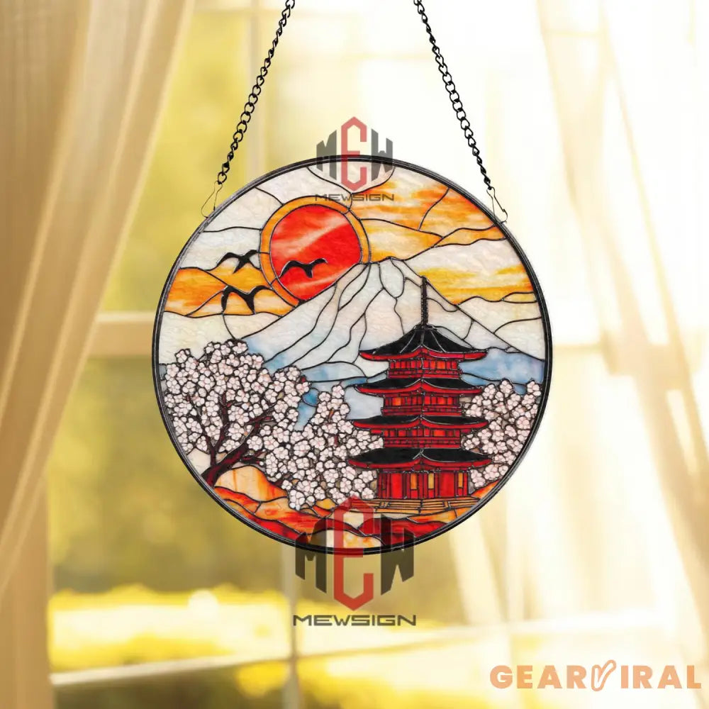 Mount Fuji Japanese Temple Suncatcher Cherry Blossom Stained Glass Art Oriental Window Hanging Decor Asian Landscape