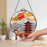 Mount Fuji Japanese Temple Suncatcher Cherry Blossom Stained Glass Art Oriental Window Hanging Decor Asian Landscape