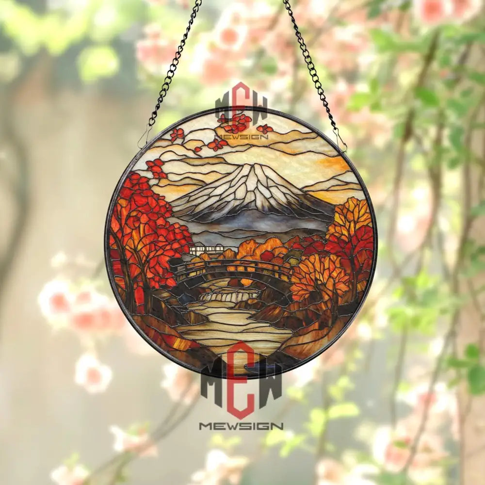 Mount Fuji Stained Glass Suncatcher Japanese Autumn Landscape Window Hanging Scenic Round Glass Art Japan Nature Decor