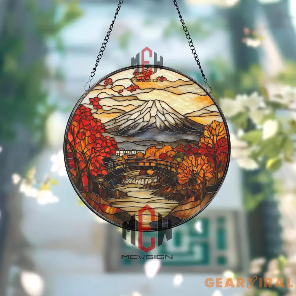 Mount Fuji Stained Glass Suncatcher Japanese Autumn Landscape Window Hanging Scenic Round Glass Art Japan Nature Decor