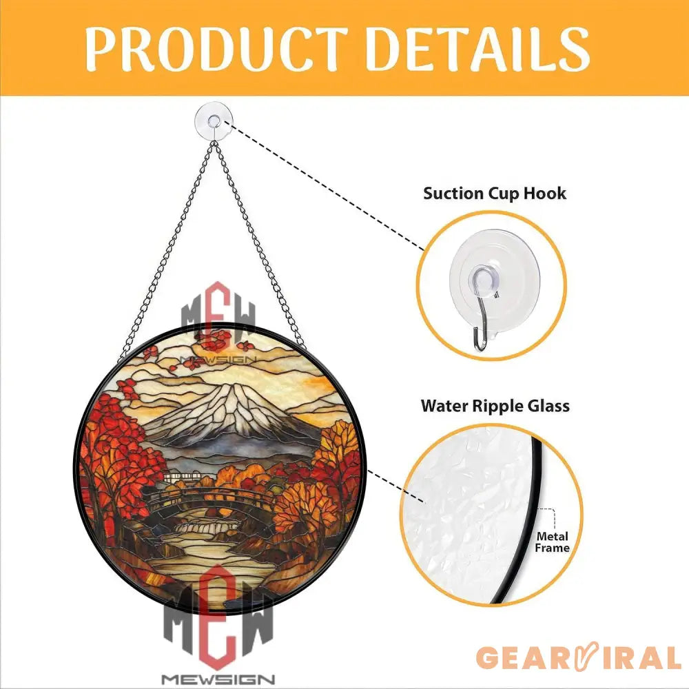 Mount Fuji Stained Glass Suncatcher Japanese Autumn Landscape Window Hanging Scenic Round Glass Art Japan Nature Decor