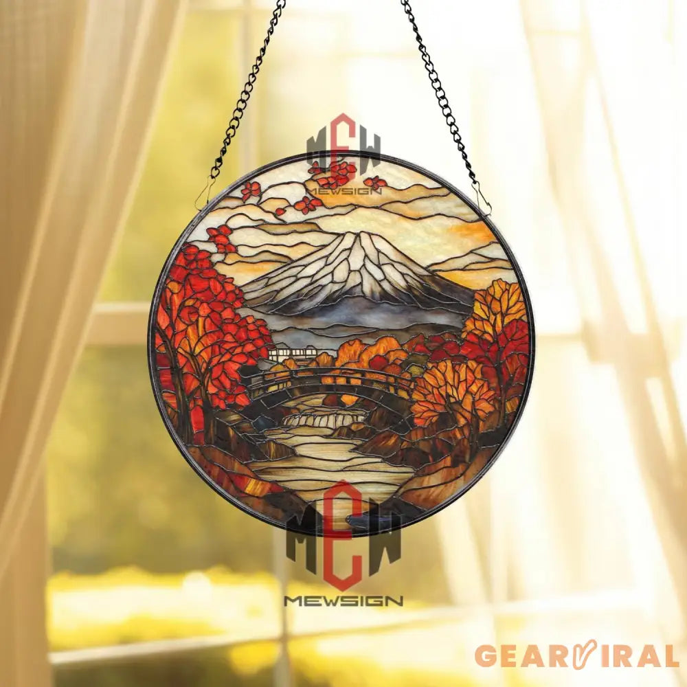 Mount Fuji Stained Glass Suncatcher Japanese Autumn Landscape Window Hanging Scenic Round Glass Art Japan Nature Decor