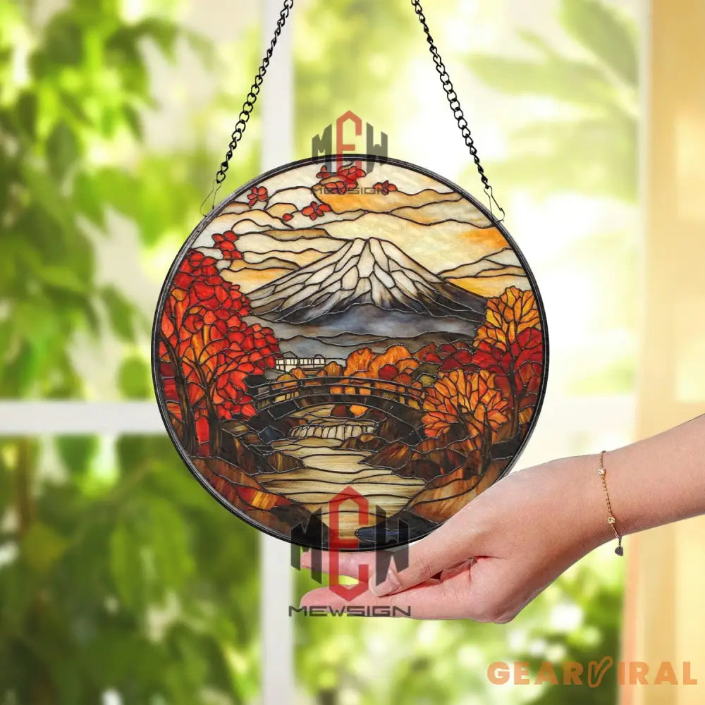 Mount Fuji Stained Glass Suncatcher Japanese Autumn Landscape Window Hanging Scenic Round Glass Art Japan Nature Decor