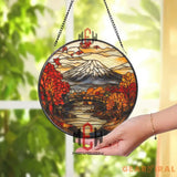 Mount Fuji Stained Glass Suncatcher Japanese Autumn Landscape Window Hanging Scenic Round Glass Art Japan Nature Decor