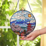 Mount Fuji Stained Glass Suncatcher Japanese Pagoda Glass Art Cherry Blossom Window Decor Japan Landscape Gift Oriental