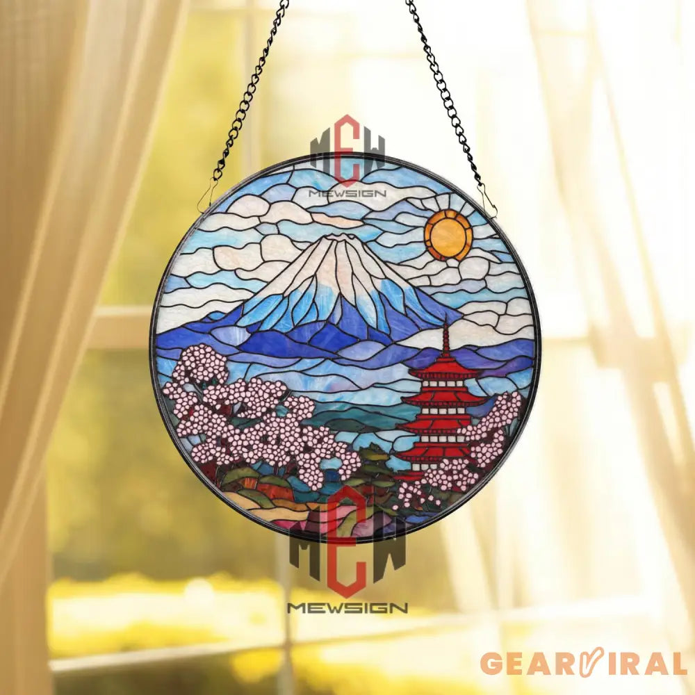 Mount Fuji Stained Glass Suncatcher Japanese Pagoda Glass Art Cherry Blossom Window Decor Japan Landscape Gift Oriental