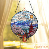 Mount Fuji Stained Glass Suncatcher Japanese Pagoda Glass Art Cherry Blossom Window Decor Japan Landscape Gift Oriental