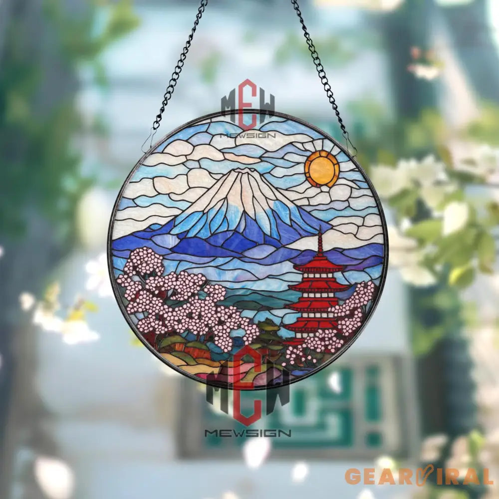 Mount Fuji Stained Glass Suncatcher Japanese Pagoda Glass Art Cherry Blossom Window Decor Japan Landscape Gift Oriental
