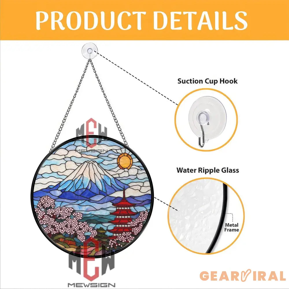 Mount Fuji Stained Glass Suncatcher Japanese Pagoda Glass Art Cherry Blossom Window Decor Japan Landscape Gift Oriental