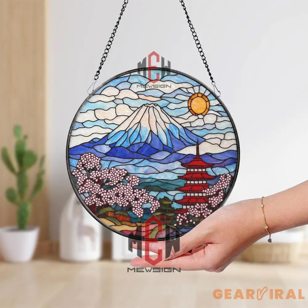 Mount Fuji Stained Glass Suncatcher Japanese Pagoda Glass Art Cherry Blossom Window Decor Japan Landscape Gift Oriental