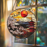 Mount Fuji Stained Glass Suncatcher Japanese Pagoda & Sakura Window Hanging Red Sun Panel Decor Oriental Art Gift
