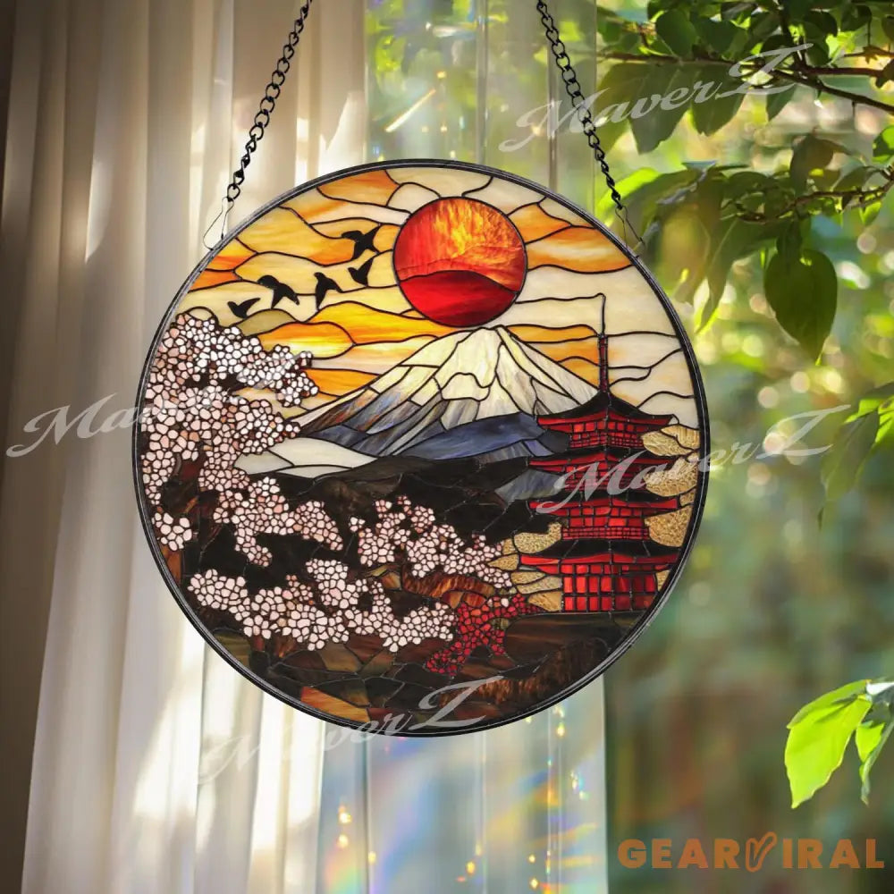 Mount Fuji Stained Glass Suncatcher Japanese Pagoda & Sakura Window Hanging Red Sun Panel Decor Oriental Art Gift