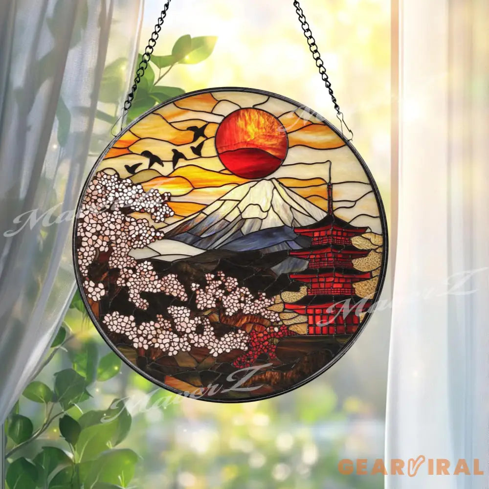 Mount Fuji Stained Glass Suncatcher Japanese Pagoda & Sakura Window Hanging Red Sun Panel Decor Oriental Art Gift