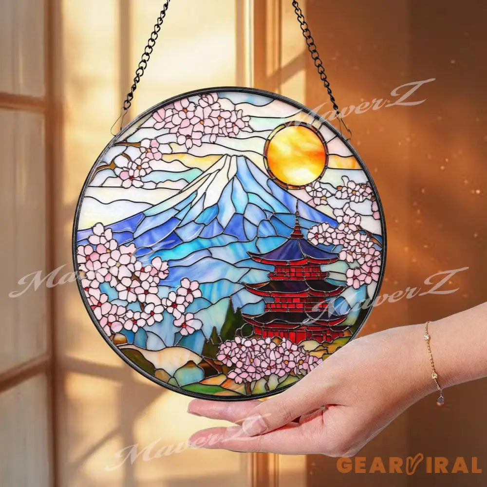 Mount Fuji Stained Glass Suncatcher Japanese Pagoda Window Art Sakura Blossom Decor Japan Landscape Hanging Gift for