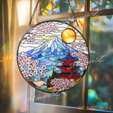 Mount Fuji Stained Glass Suncatcher Japanese Pagoda Window Art Sakura Blossom Decor Japan Landscape Hanging Gift for