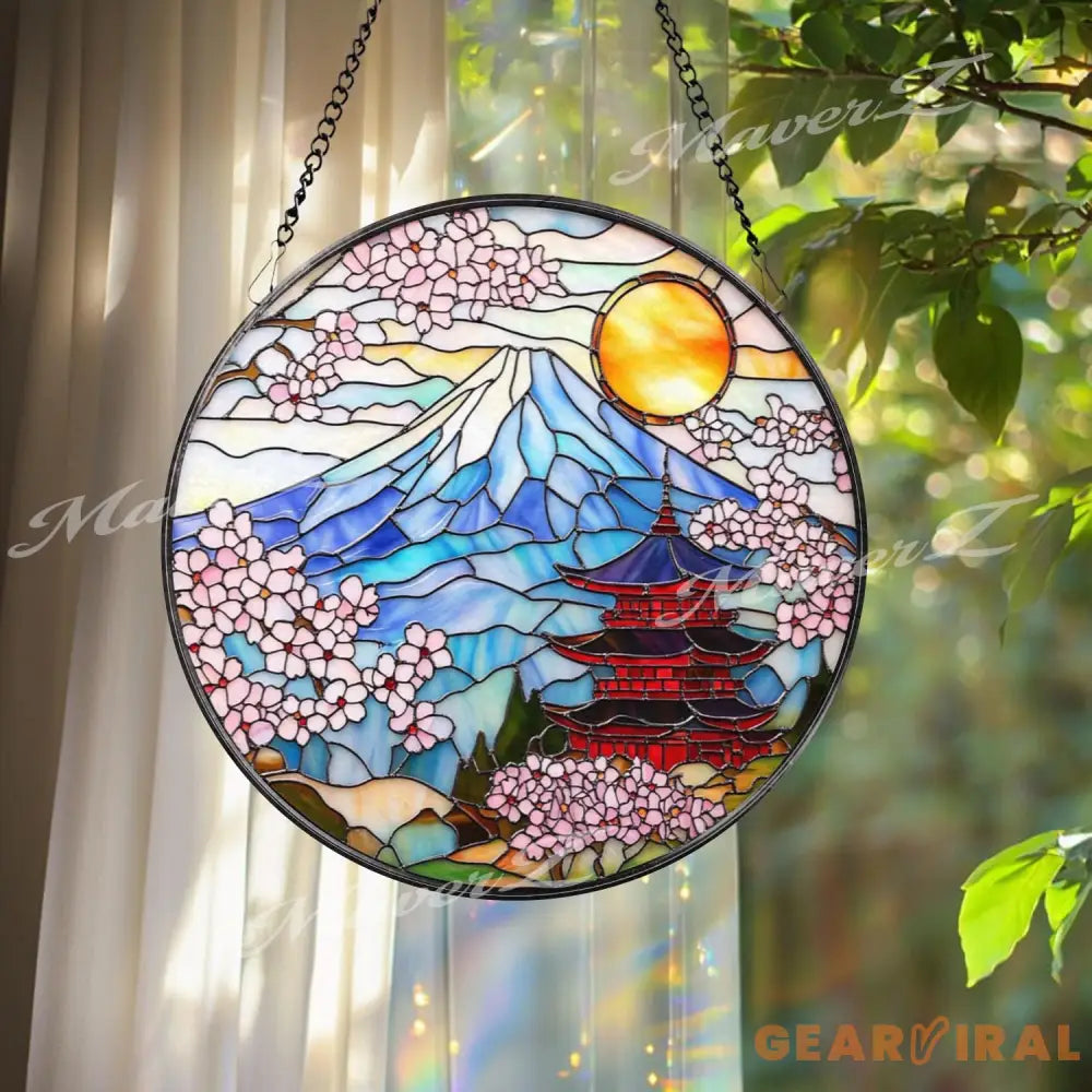 Mount Fuji Stained Glass Suncatcher Japanese Pagoda Window Art Sakura Blossom Decor Japan Landscape Hanging Gift for