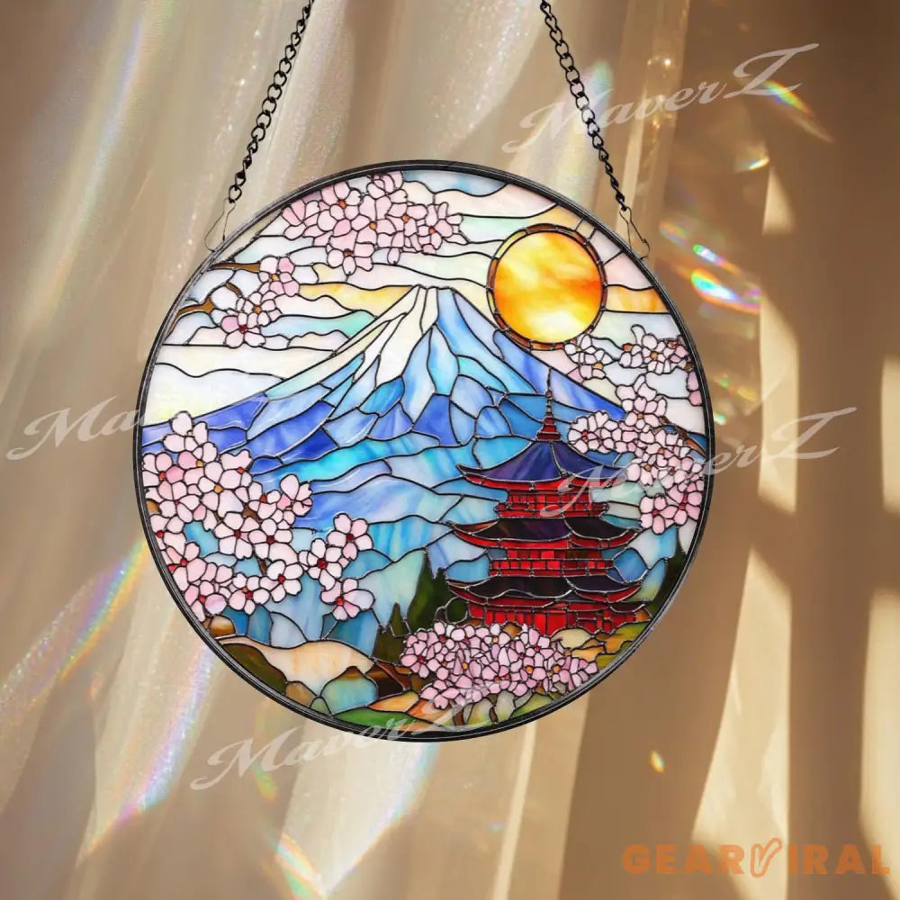 Mount Fuji Stained Glass Suncatcher Japanese Pagoda Window Art Sakura Blossom Decor Japan Landscape Hanging Gift for