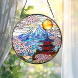 Mount Fuji Stained Glass Suncatcher Japanese Pagoda Window Art Sakura Blossom Decor Japan Landscape Hanging Gift for