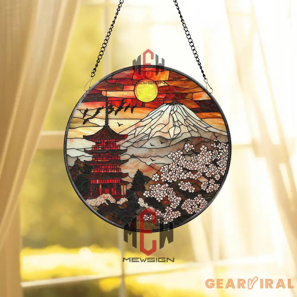 Mount Fuji Sunset Suncatcher Japanese Pagoda Stained Glass Sakura Flower Window Hanging Oriental Decor Gift Asian