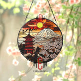 Mount Fuji Sunset Suncatcher Japanese Pagoda Stained Glass Sakura Flower Window Hanging Oriental Decor Gift Asian
