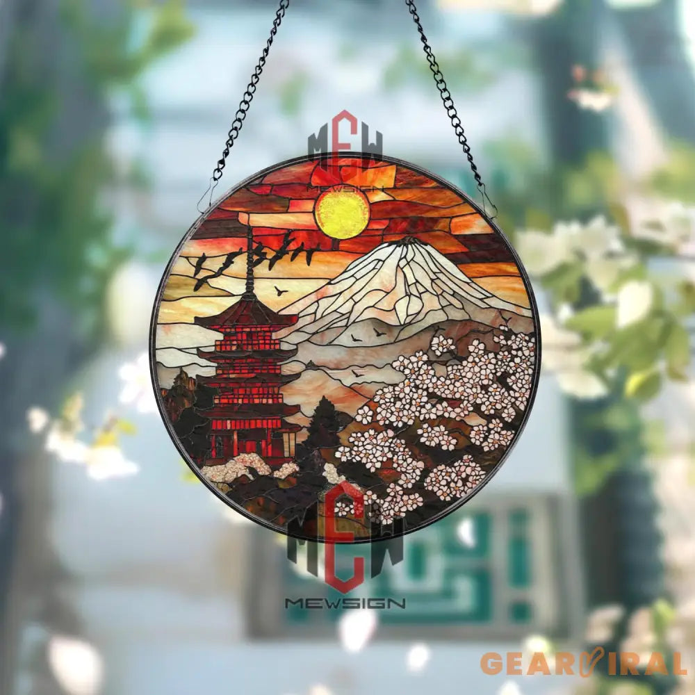 Mount Fuji Sunset Suncatcher Japanese Pagoda Stained Glass Sakura Flower Window Hanging Oriental Decor Gift Asian