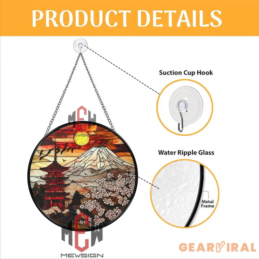 Mount Fuji Sunset Suncatcher Japanese Pagoda Stained Glass Sakura Flower Window Hanging Oriental Decor Gift Asian