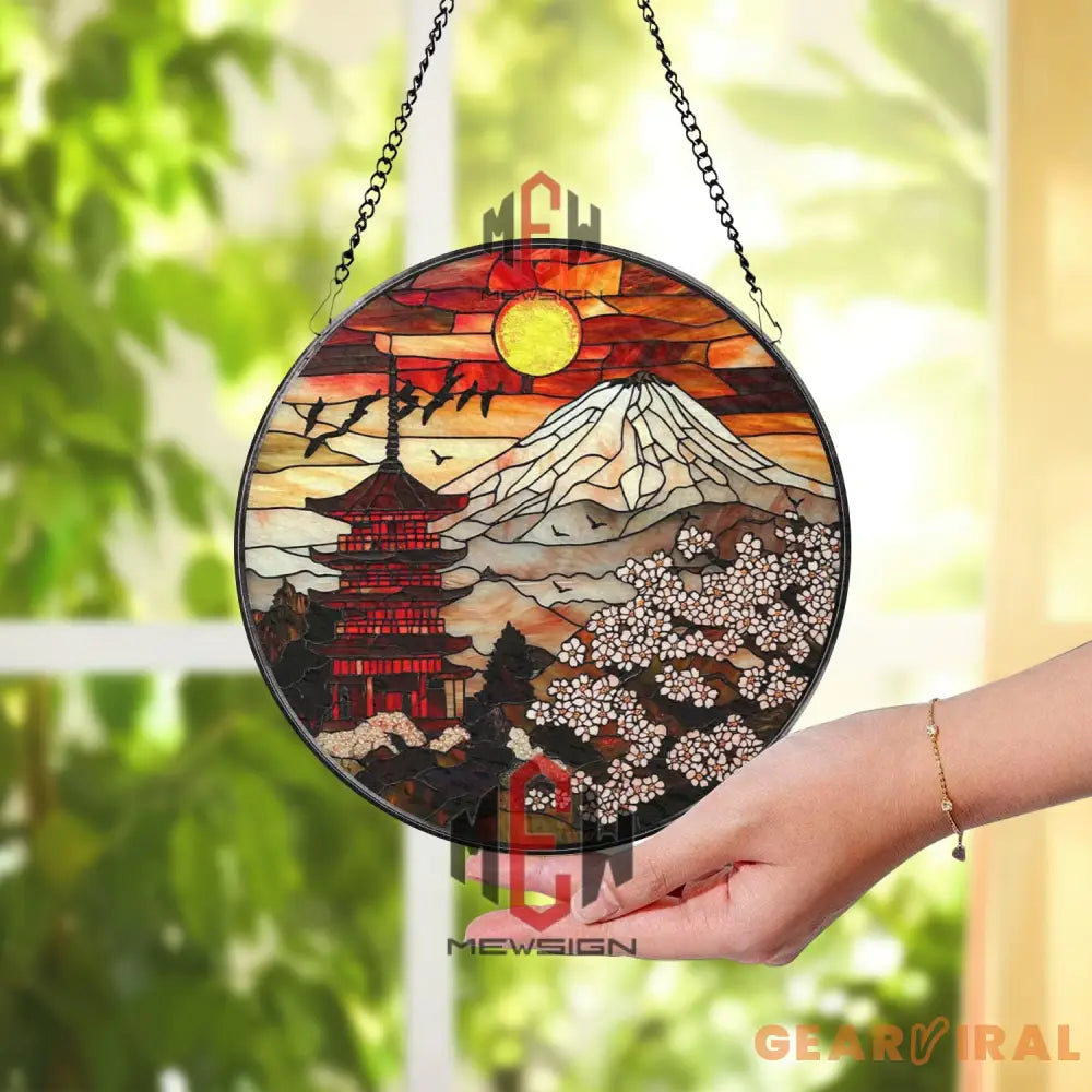Mount Fuji Sunset Suncatcher Japanese Pagoda Stained Glass Sakura Flower Window Hanging Oriental Decor Gift Asian