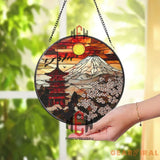 Mount Fuji Sunset Suncatcher Japanese Pagoda Stained Glass Sakura Flower Window Hanging Oriental Decor Gift Asian