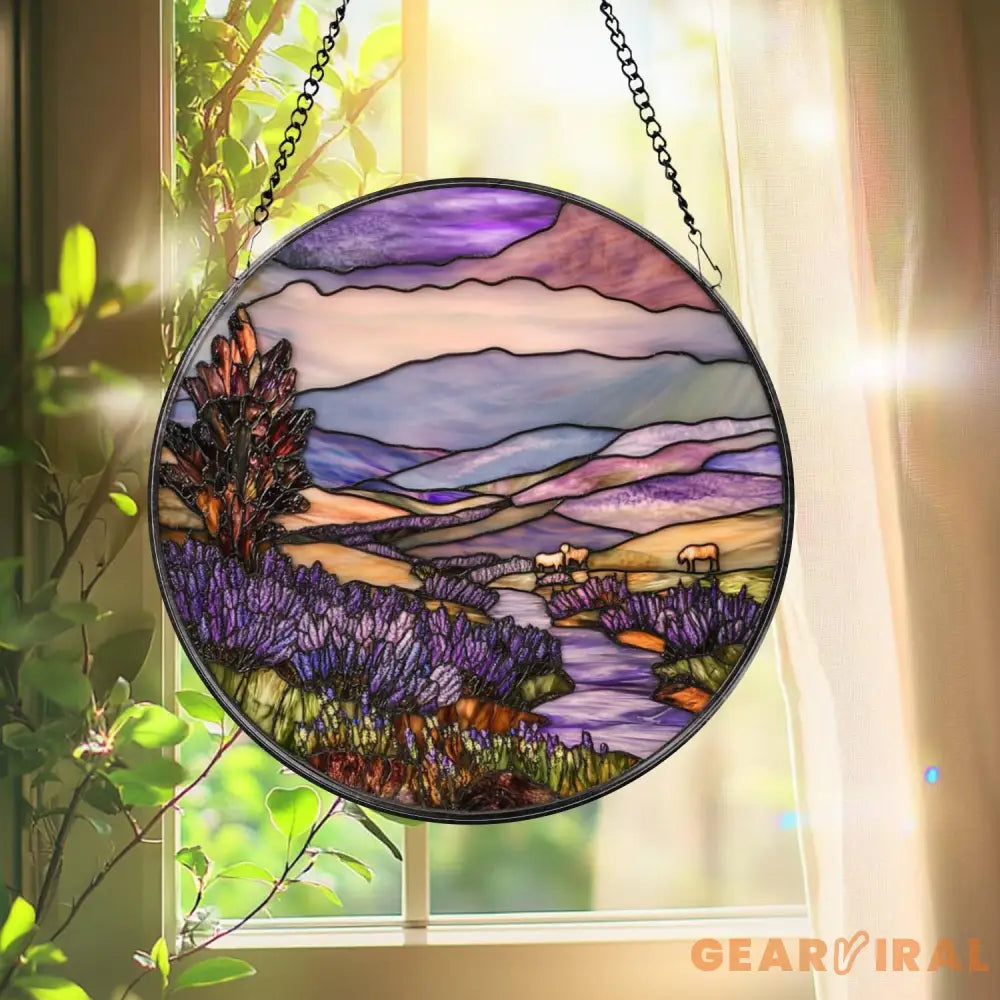 Mountain and Forest Stained Glass Suncatcher Sunset Landscape Window Art Rustic Nature Decor Cozy Cabin Gift for Nature