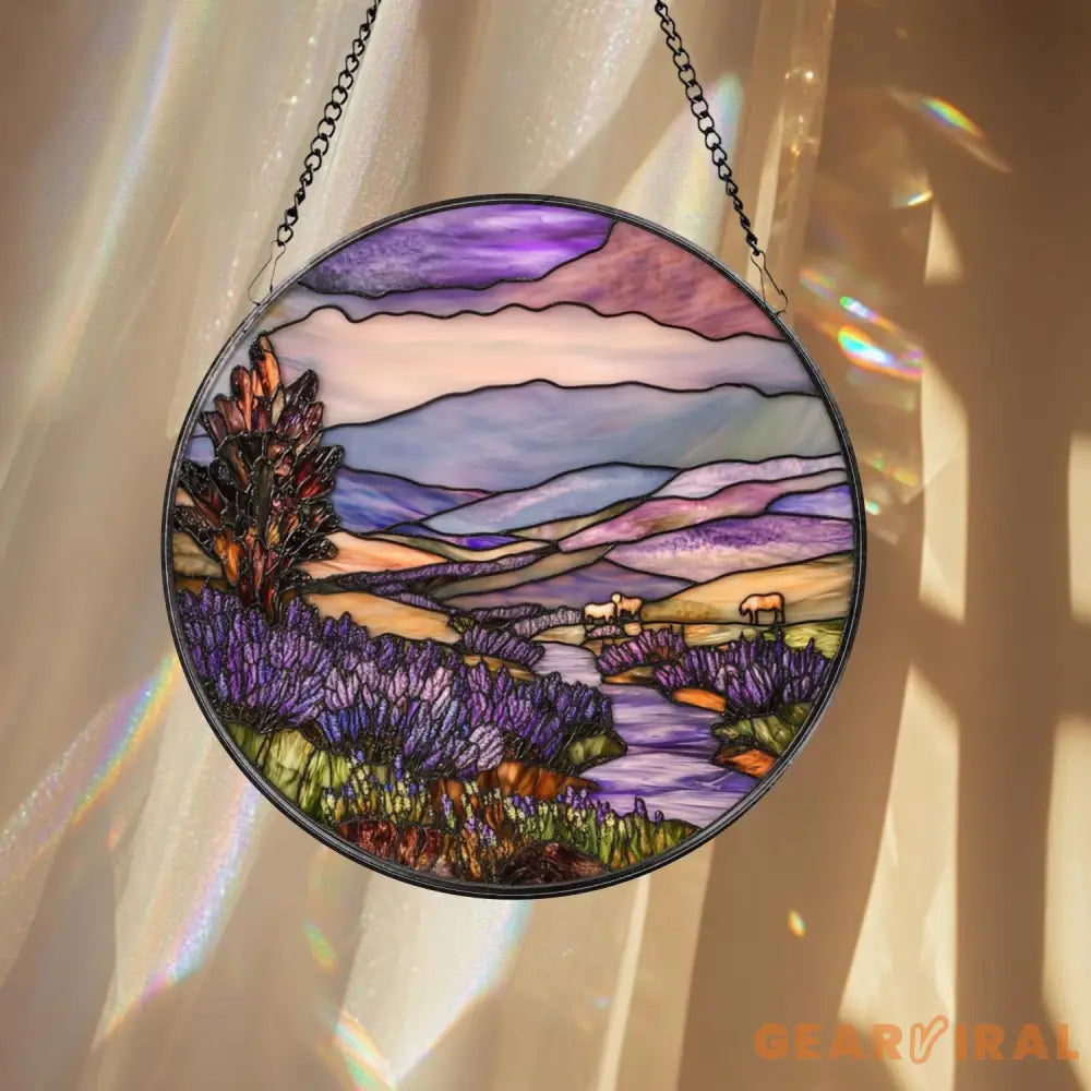 Mountain and Forest Stained Glass Suncatcher Sunset Landscape Window Art Rustic Nature Decor Cozy Cabin Gift for Nature