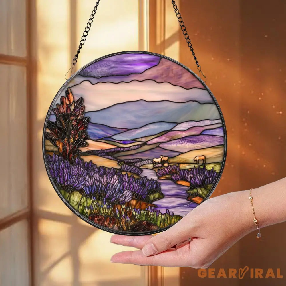 Mountain and Forest Stained Glass Suncatcher Sunset Landscape Window Art Rustic Nature Decor Cozy Cabin Gift for Nature