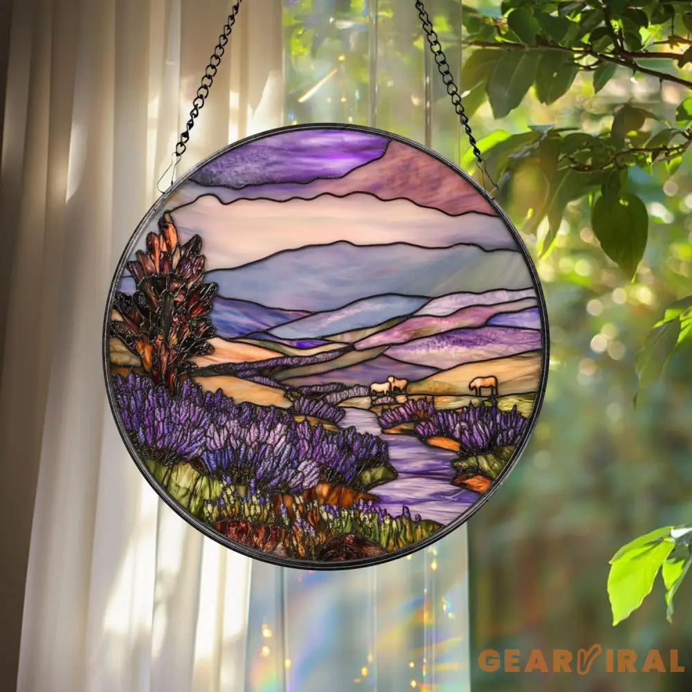Mountain and Forest Stained Glass Suncatcher Sunset Landscape Window Art Rustic Nature Decor Cozy Cabin Gift for Nature