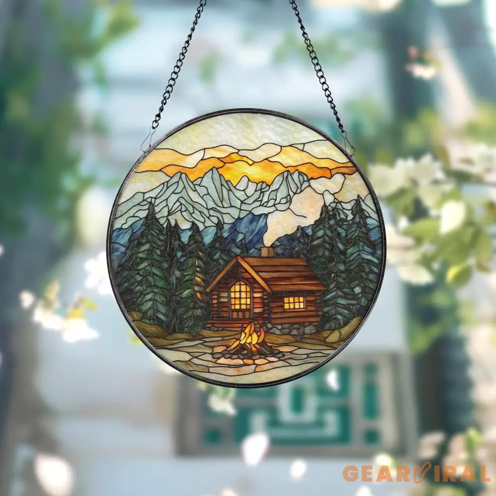 Mountain Cabin Stained Glass Suncatcher Scenic Log Cabin Window Hanging Rustic Forest Lodge Decor Campfire Sunset Glass