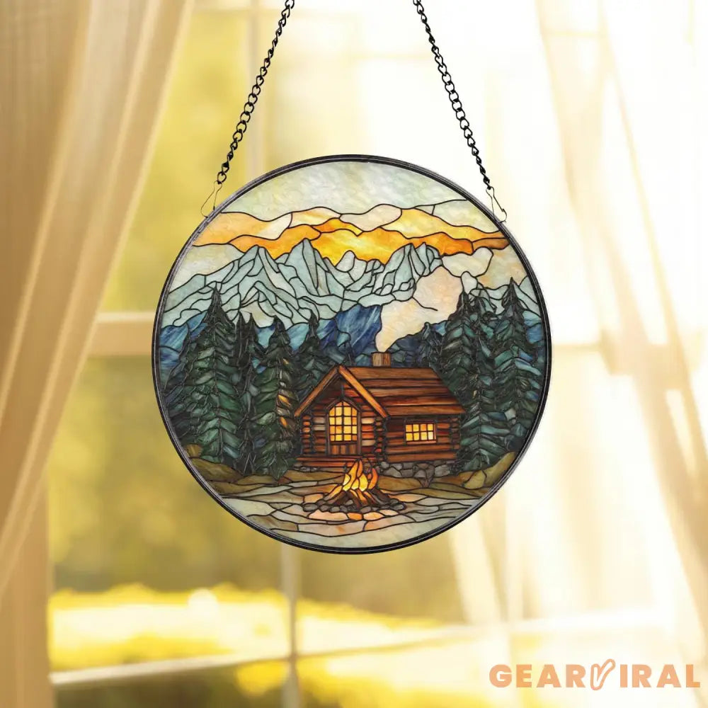 Mountain Cabin Stained Glass Suncatcher Scenic Log Cabin Window Hanging Rustic Forest Lodge Decor Campfire Sunset Glass