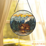 Mountain Cabin Stained Glass Suncatcher Scenic Log Cabin Window Hanging Rustic Forest Lodge Decor Campfire Sunset Glass