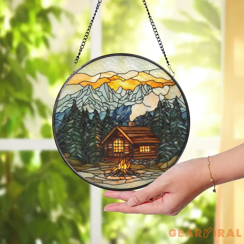 Mountain Cabin Stained Glass Suncatcher Scenic Log Cabin Window Hanging Rustic Forest Lodge Decor Campfire Sunset Glass