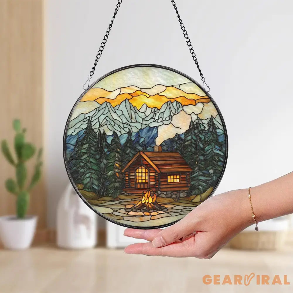 Mountain Cabin Stained Glass Suncatcher Scenic Log Cabin Window Hanging Rustic Forest Lodge Decor Campfire Sunset Glass