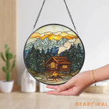 Mountain Cabin Stained Glass Suncatcher Scenic Log Cabin Window Hanging Rustic Forest Lodge Decor Campfire Sunset Glass
