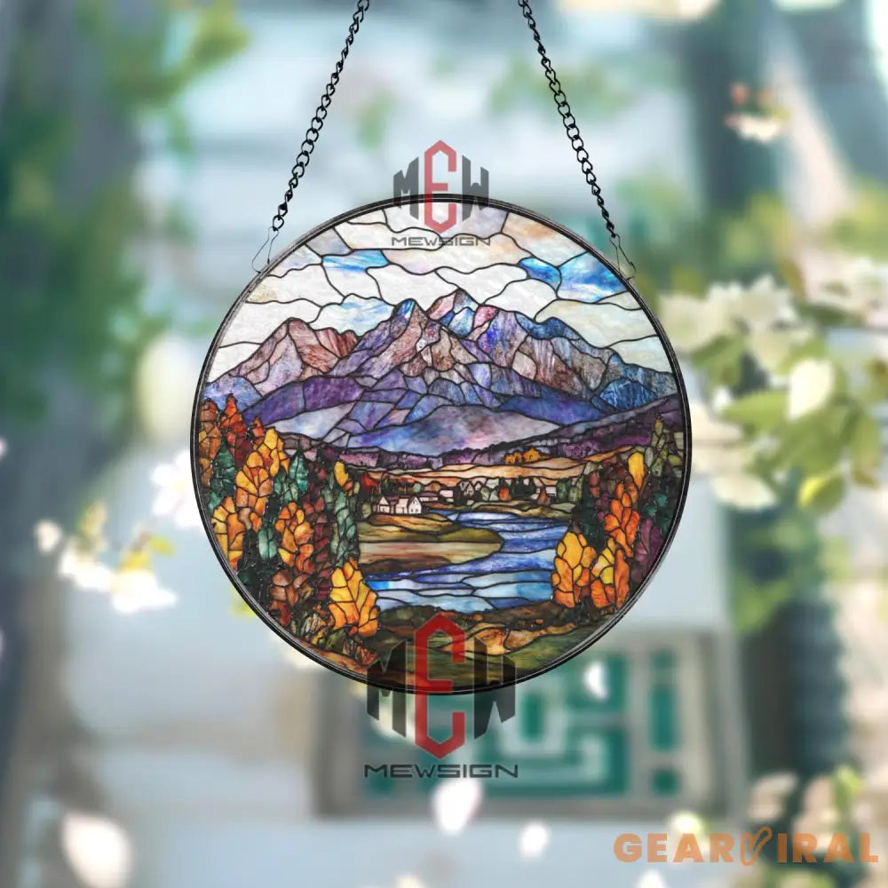 Mountain Landscape Stained Glass Suncatcher Autumn Forest Scene Window Art Nature Glass Panel Cabin View Decor Fall
