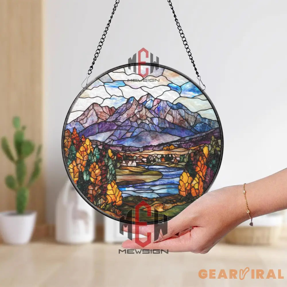 Mountain Landscape Stained Glass Suncatcher Autumn Forest Scene Window Art Nature Glass Panel Cabin View Decor Fall