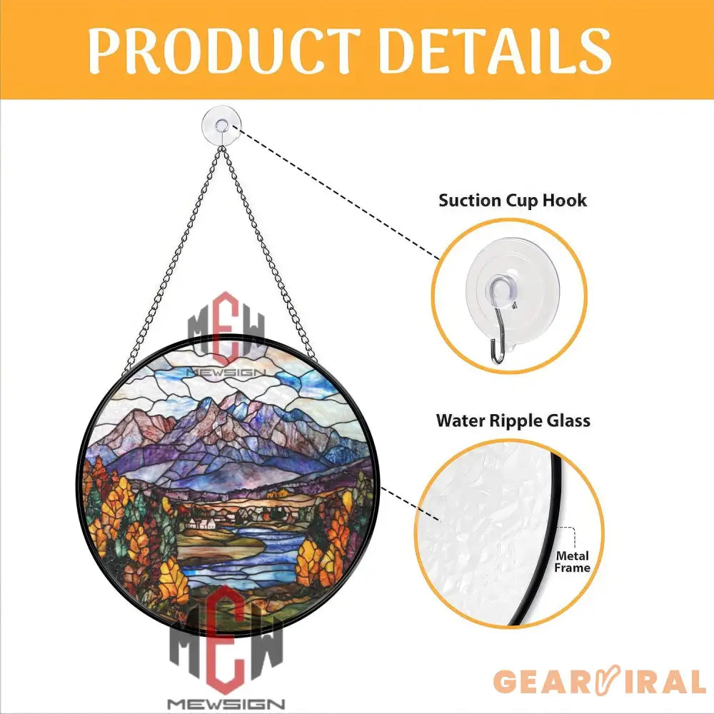 Mountain Landscape Stained Glass Suncatcher Autumn Forest Scene Window Art Nature Glass Panel Cabin View Decor Fall